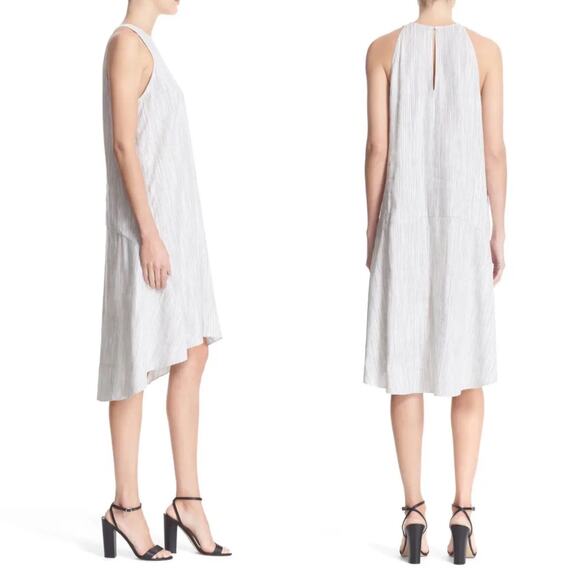 Theory Alderdale Linen High-Low Sleeveless Dress Ikat Tierra Ivory Blue Size 8 - Picture 3 of 6